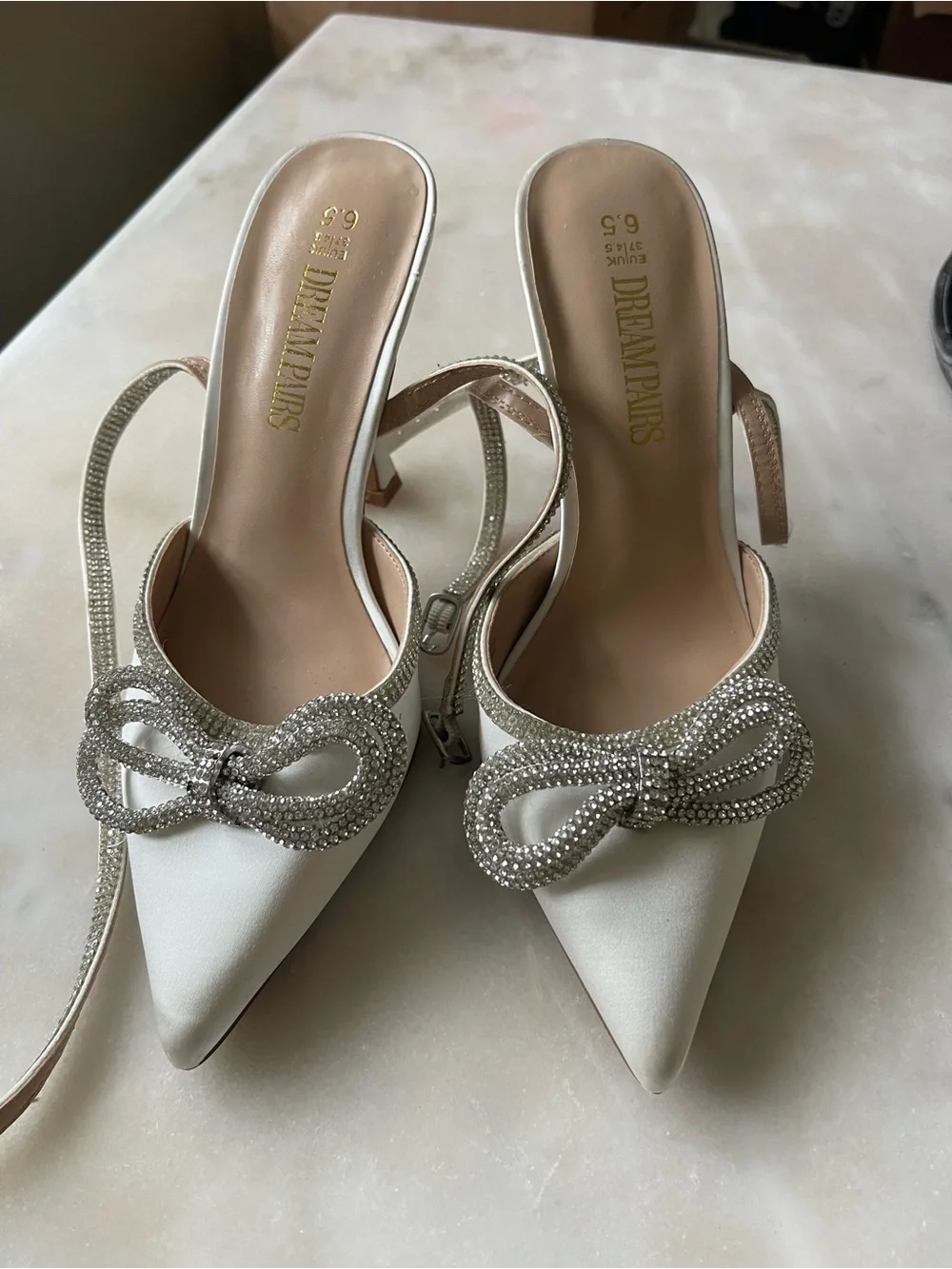 Dream Pairs White Pointed Slingback Heels with Rhinestone Bow